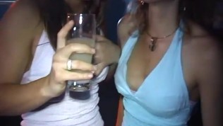 Party girls kissing then fuck back stage