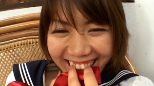 Ai Kazumi in school uniform sucks cock and gets banana in pussy