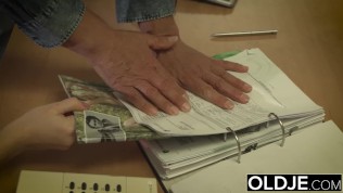 Barely Legal Teen Riding Old Man Cock and Sucking his balls swallows cum