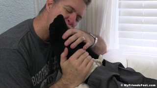 Aged yuppie Brendan Cage is restrained and foot worshipped