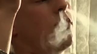 Twink cigar smoker wanks his shaved cock and jizzes solo