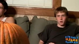 Deviant straight guys are fucking a pumpkin and masturbating